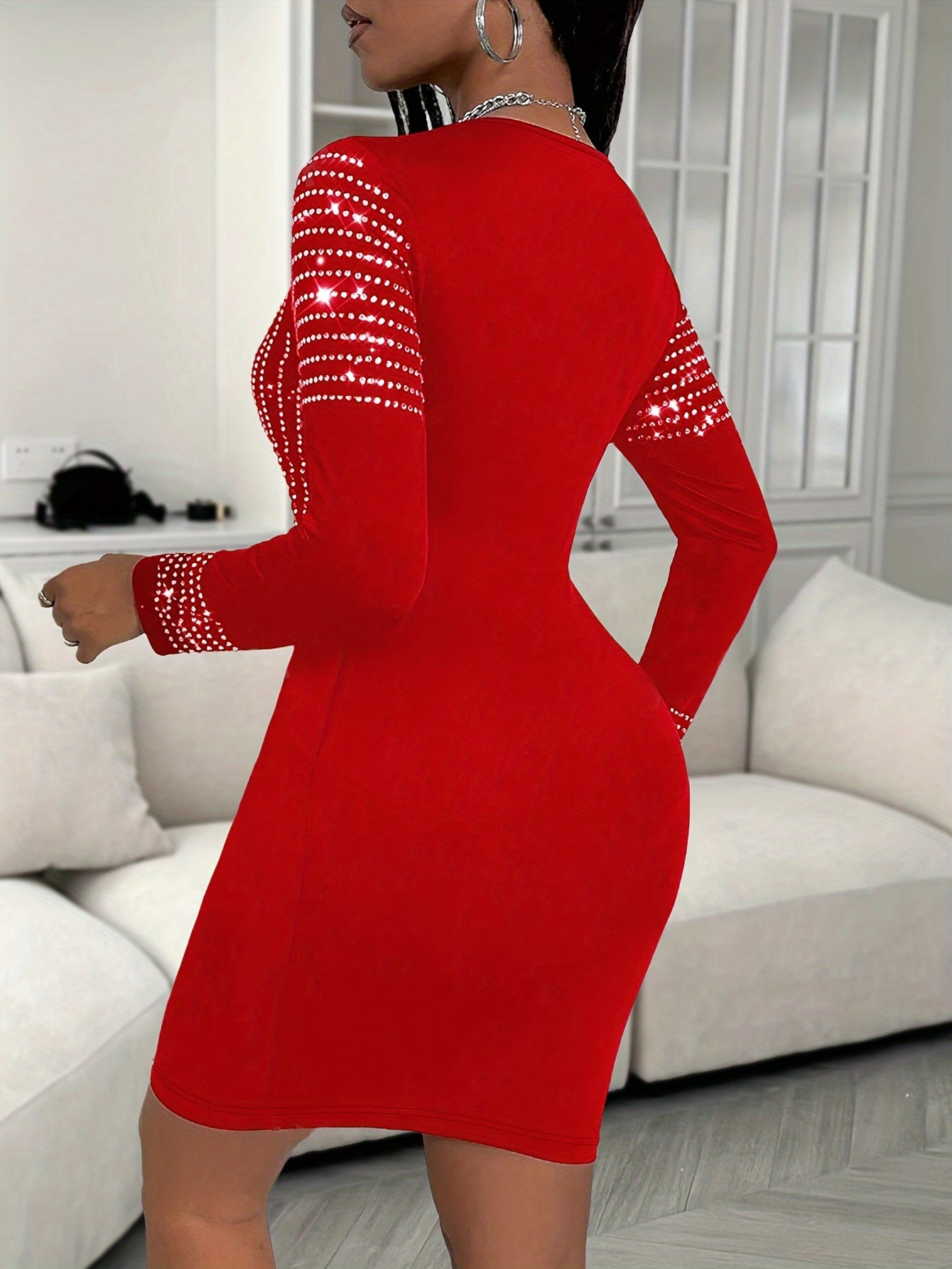 Sequin Bodycon Aline Dress, Elegant Slinky Long Sleeve Dress For Spring & Fall, Women&