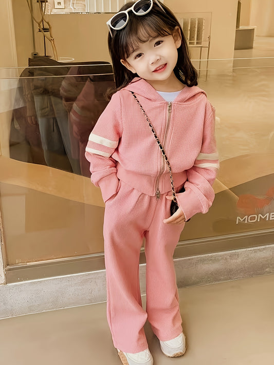 Girl's Preppy Set Zip-up Long Sleeve Crop Hoodie Jacket + Pants Set Outdoor Casual Sports Set