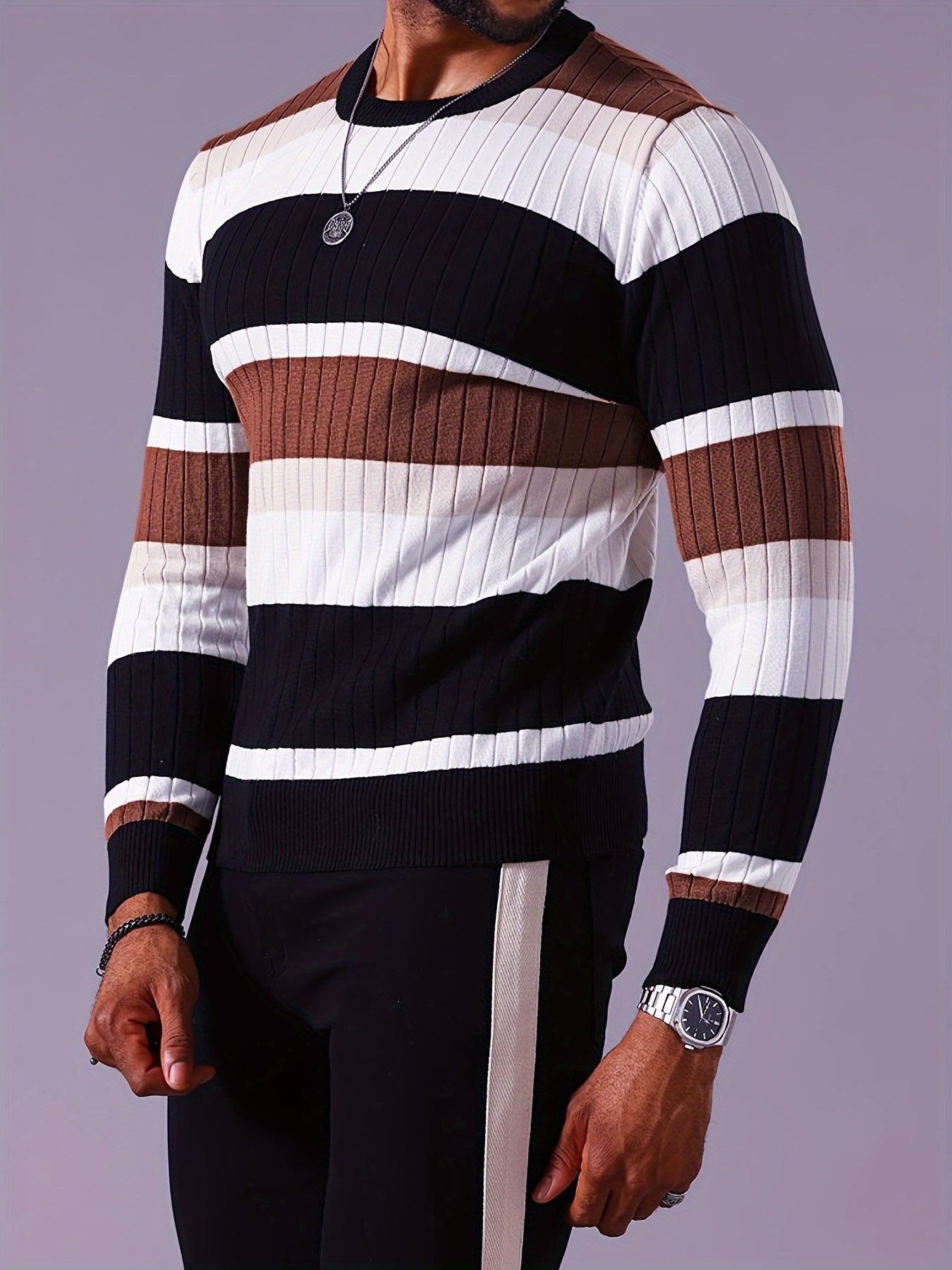 Men's Casual Striped Color Block Long Sleeve Knit Pullover - Round Neck, Machine Washable, Striped, Round Neck, Long Sleeve, Knit Sweater