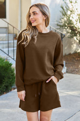 Double Take Full Size Texture Long Sleeve Top and Drawstring Shorts Set - MyEmpired