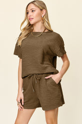 Double Take Full Size Texture Short Sleeve T-Shirt and Drawstring Shorts Set - MyEmpired