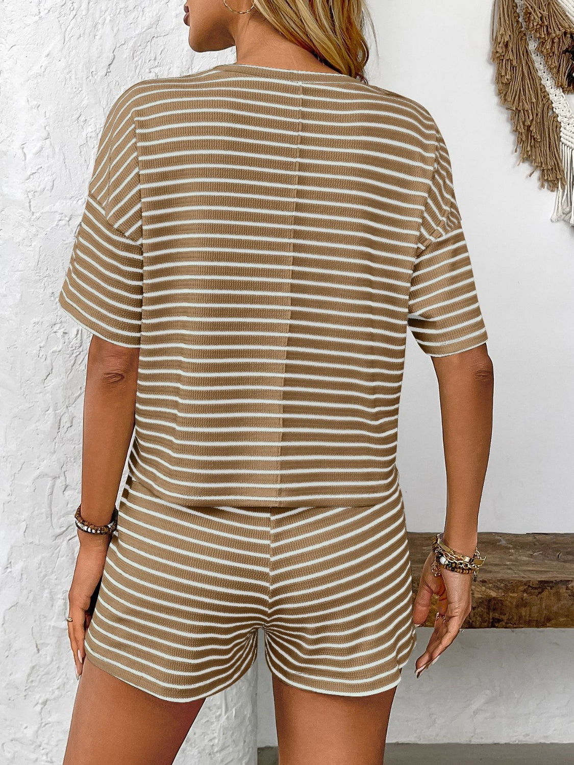 Striped Round Neck Short Sleeve Top and Shorts Set - MyEmpired