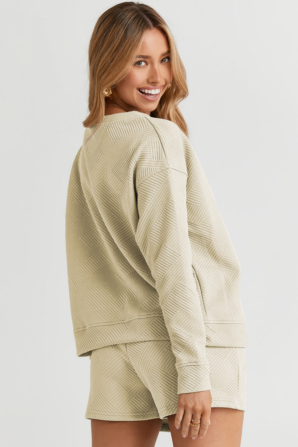 Double Take Full Size Texture Long Sleeve Top and Drawstring Shorts Set - MyEmpired
