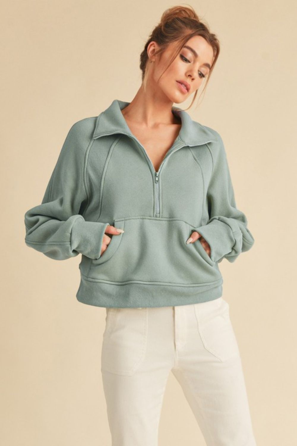 Aemi + Co Half Zip Raglan Sleeve Sweatshirt with Kangaroo Pocket - MyEmpired