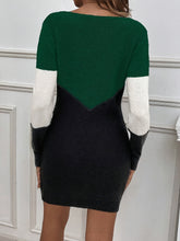 Color Block Open Knit Slim Dress, Stylish Crew Neck Long Sleeve Above Knee Sweater Dress, Women&