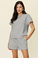 Double Take Full Size Texture Short Sleeve T-Shirt and Drawstring Shorts Set - MyEmpired