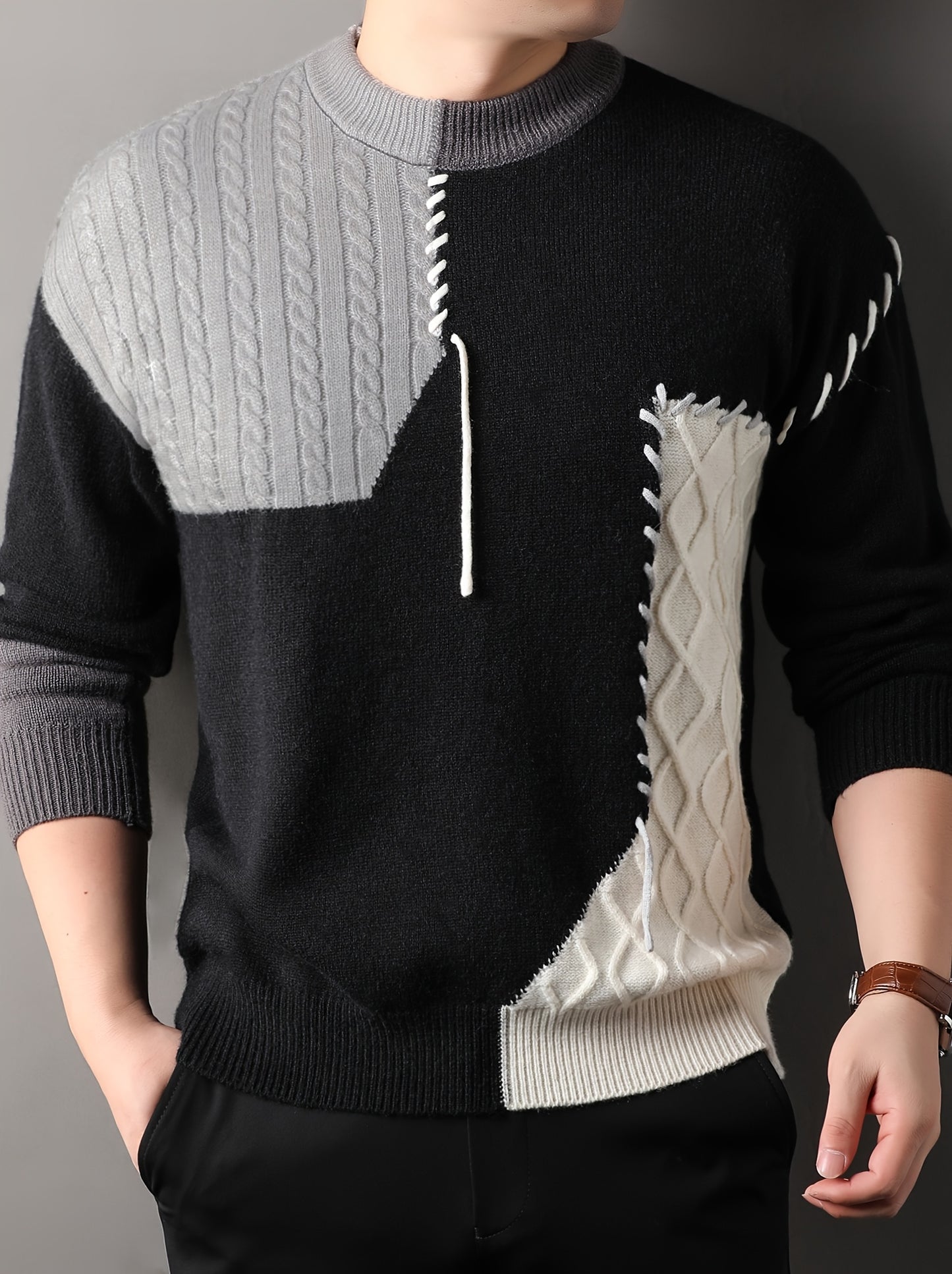 1pc Men'S Korean Style Crew Neck Sweater, Casual Striped Pattern, Rib-Knit, Slight Stretch, Loose Fit, Acrylic Knit Fabric, Thick Warm Patchwork Pullover for Fall/Winter - Fashionable Color Block Base Layer Top [12422]