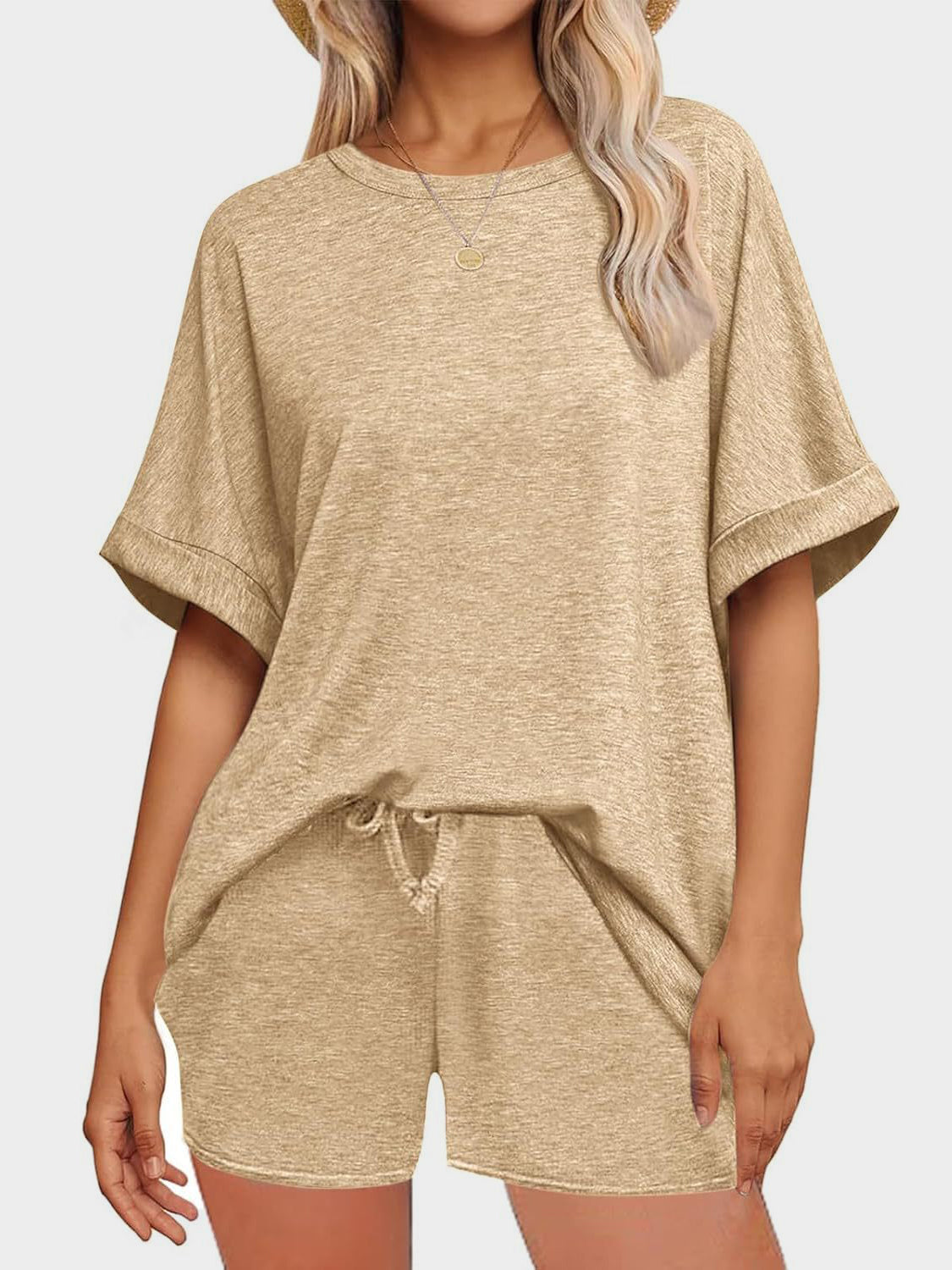 Round Neck T-Shirt and Drawstring Shorts Set - MyEmpired