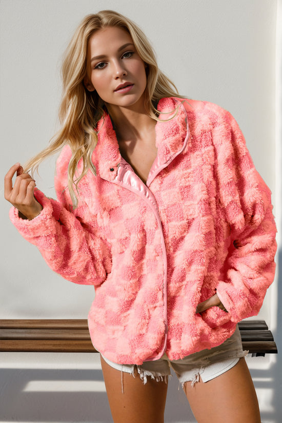 Double Take Checkered Long Sleeve Fuzzy Jacket - MyEmpired