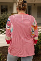 Plus Size Exposed Seam Printed Striped Round Neck Sweatshirt - MyEmpired