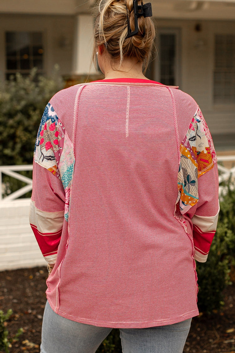 Plus Size Exposed Seam Printed Striped Round Neck Sweatshirt - MyEmpired
