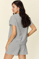 Double Take Full Size Texture Short Sleeve T-Shirt and Drawstring Shorts Set - MyEmpired