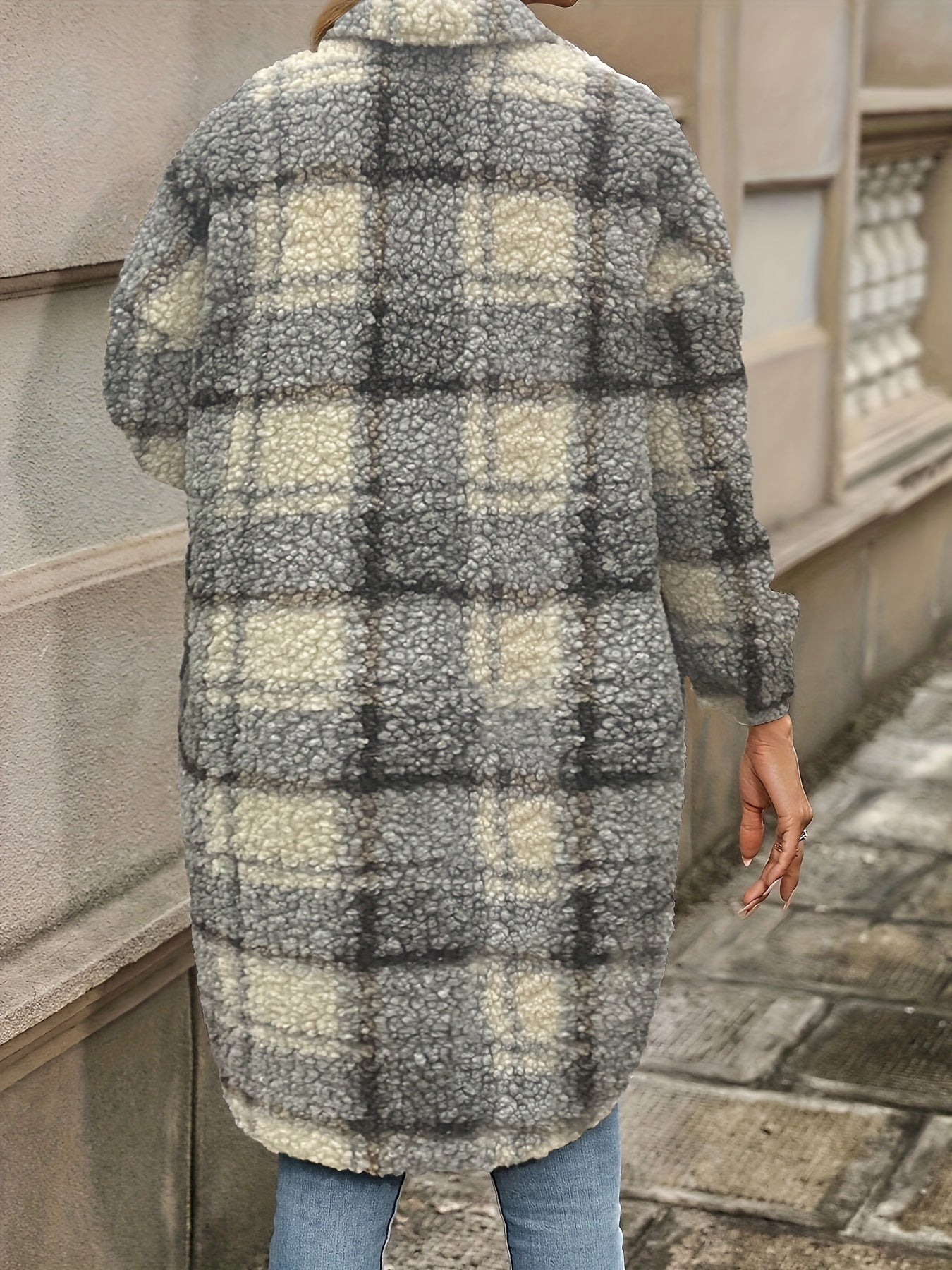 Plaid Pattern Button Front Fuzzy Jacket, Casual Thermal Long Sleeve Long Length Collar Coat For Fall & Winter, Women's Clothing