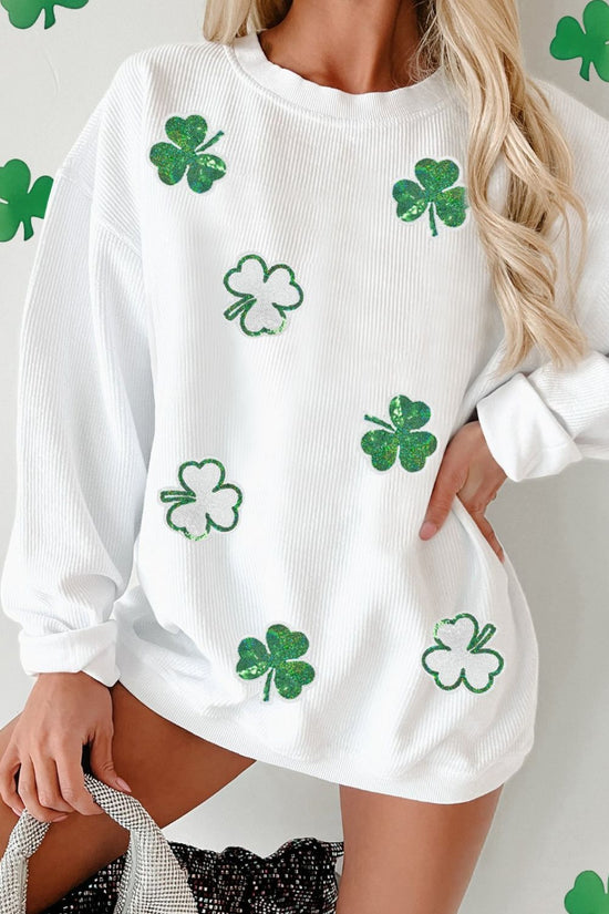 Sequin Lucky Clover Round Neck Long Sleeve Sweatshirt - MyEmpired