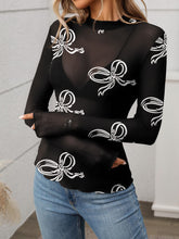 Printed Mock Neck Long Sleeve Mesh T-Shirt - MyEmpired