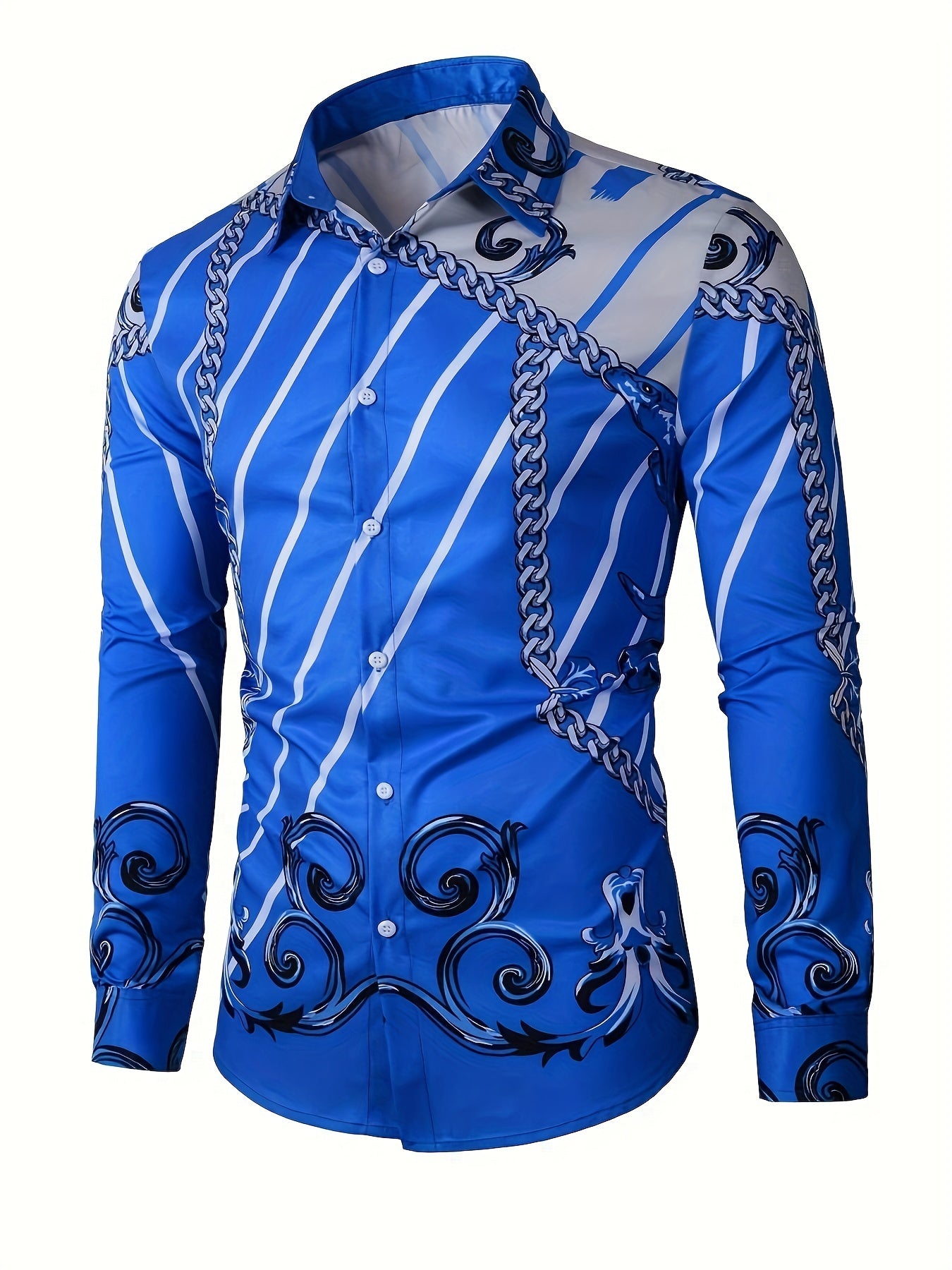 Men's Color Blocking Flower Patterns & Stripes Print Long Sleeve Shirt For Spring And Fall, Casual Comfy Shirt As Gift