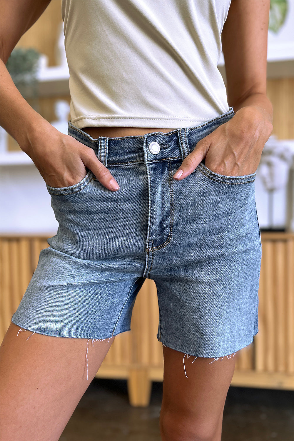 Judy Blue Full Size High Waist Raw Hem Denim Shorts - MyEmpired