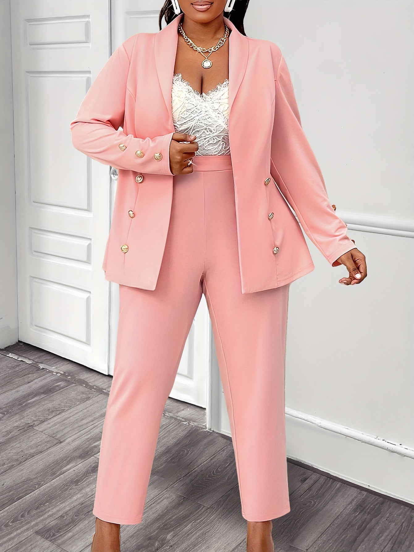 Plus Size Women's Suit Set, Elegant Solid Color Blazer and Trousers, Polyester Knit Fabric, Long Sleeve, Button Detail, Stretchy, Autumn/Winter Collection