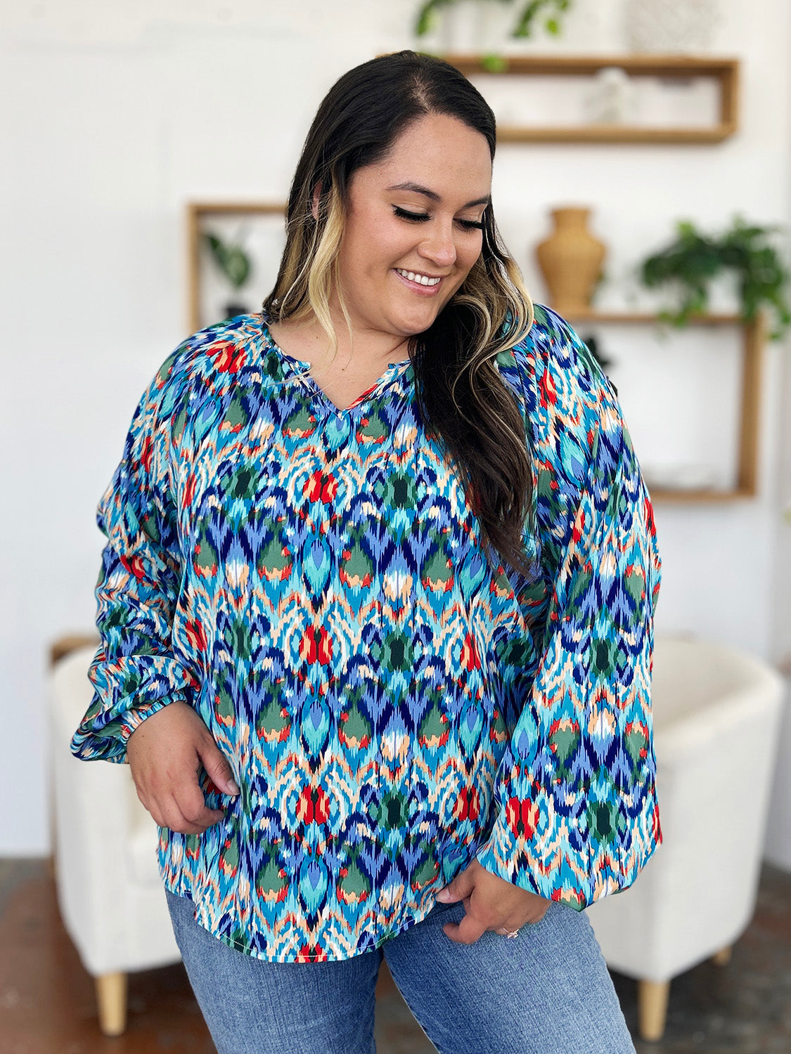Double Take Full Size Printed Balloon Sleeve Blouse - MyEmpired
