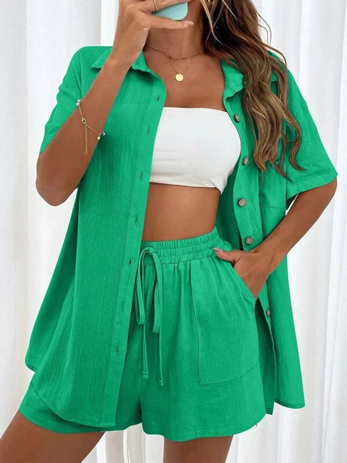 Button Up Shirt and Drawstring Shorts Set - MyEmpired