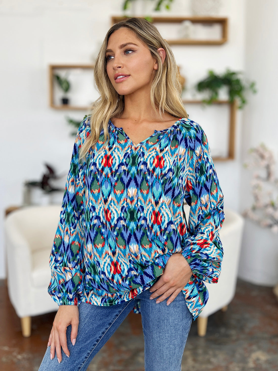 Double Take Full Size Printed Balloon Sleeve Blouse - MyEmpired