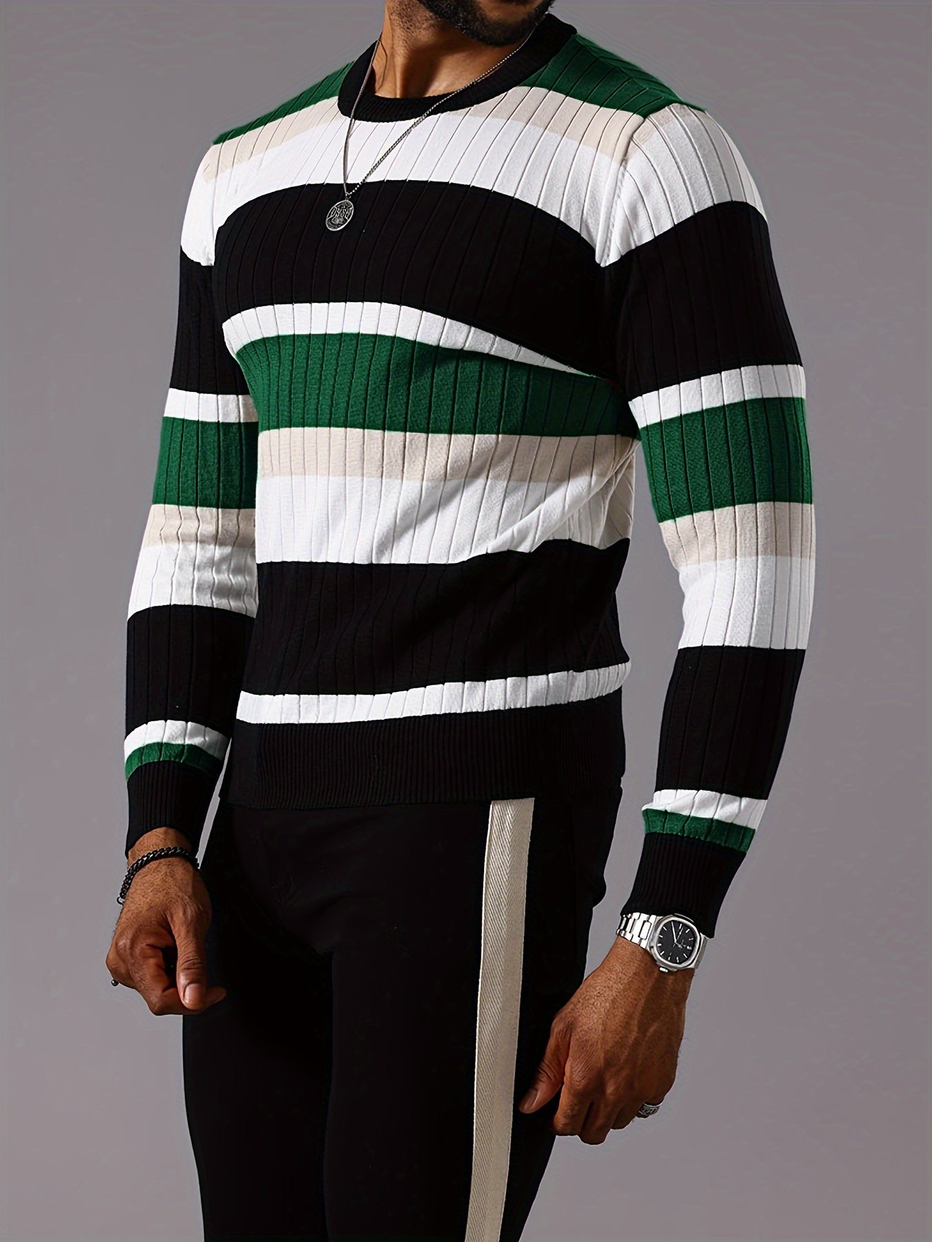 Men's Casual Striped Color Block Long Sleeve Knit Pullover - Round Neck, Machine Washable, Striped, Round Neck, Long Sleeve, Knit Sweater