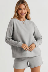 Double Take Full Size Texture Long Sleeve Top and Drawstring Shorts Set - MyEmpired