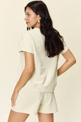 Double Take Full Size Texture Short Sleeve T-Shirt and Drawstring Shorts Set - MyEmpired