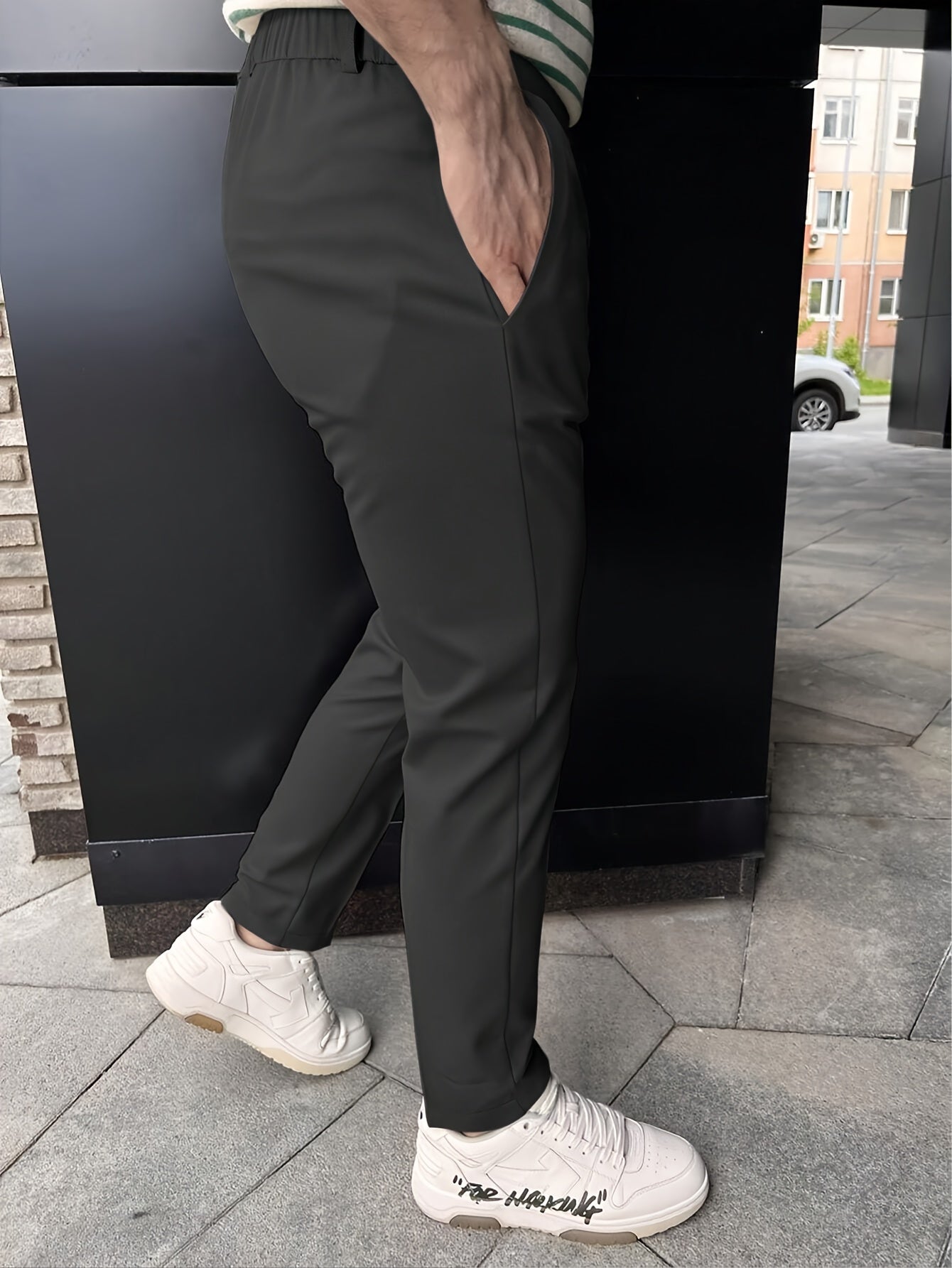 Men's Ribbed Suit Pants With Ring And Strap Design, Dress Pants With Elastic Waistband, Suitable For Spring & Autumn Formal And Casual Wear