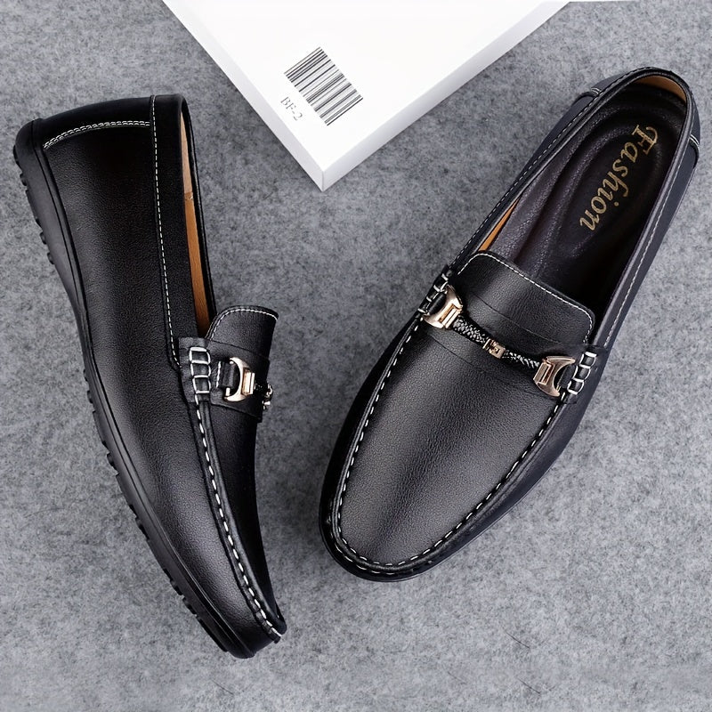 Men's Solid Moc Toe Penny Loafers With Split Cowhide Uppers, Wear-resistant Lightweight Slip On Comfy Shoes, Middle Aged Men's Footwear