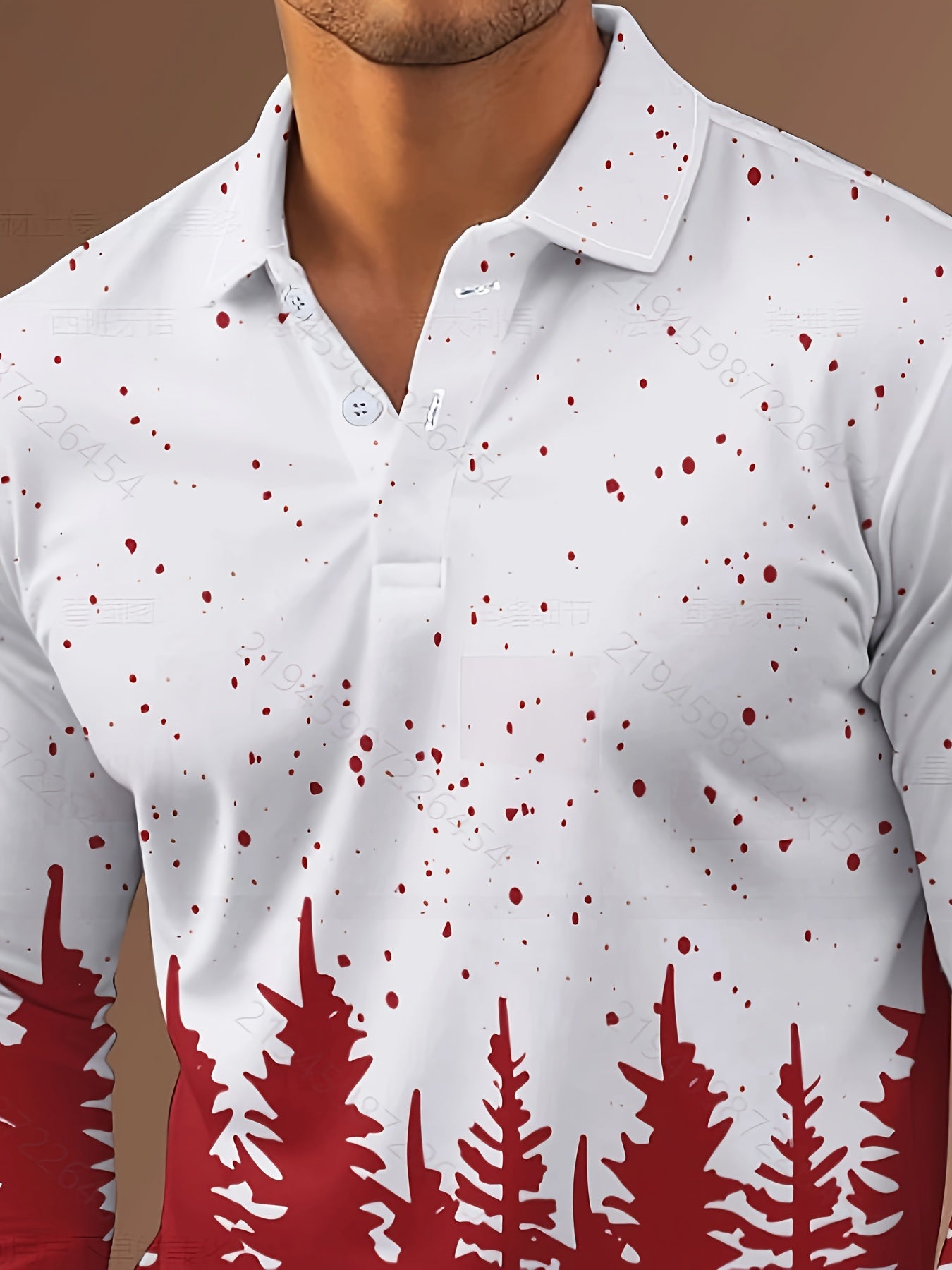 Men's Casual Long Sleeve Shirt with Christmas Tree Print - Breathable, Stretch Fabric, Button-Up Collar, Machine Washable