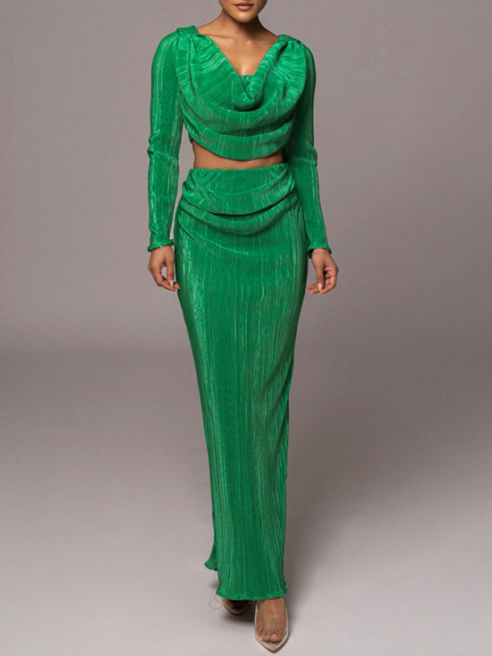 Ruched Cowl Neck Top and Maxi Skirt Set - MyEmpired