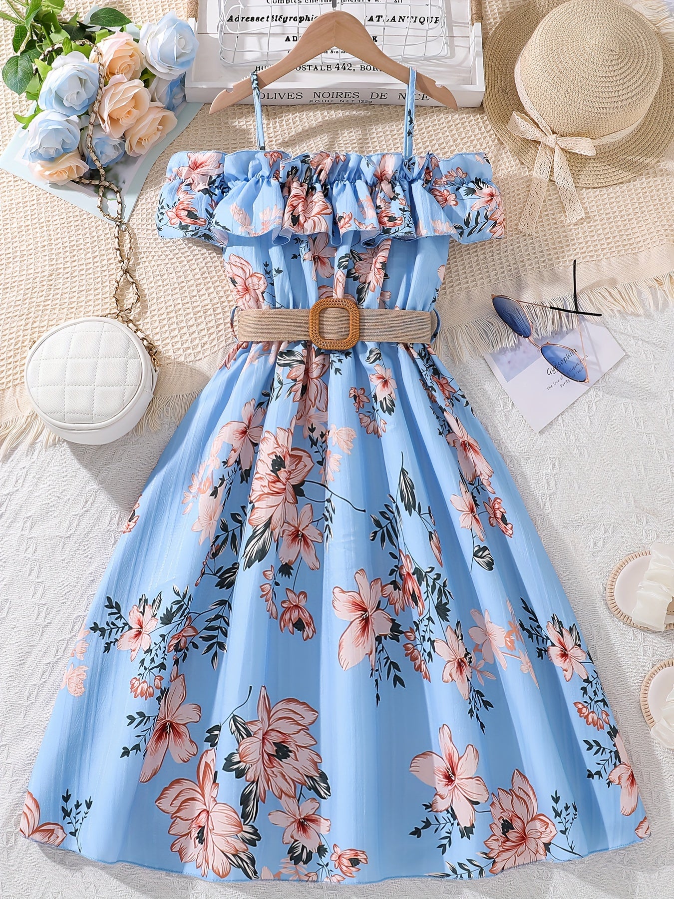 Sweet Girls Flora Print 2pcs Set Ruffle Trim Cami Top + Skirt With Belt Set For Spring Summer Party