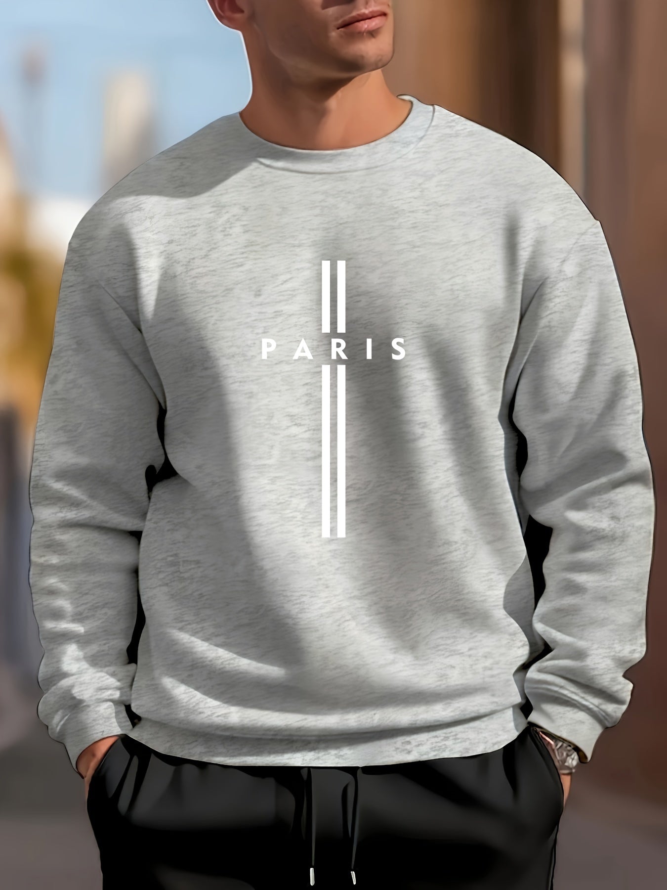 PARIS Letter Print Men's Crew Neck Long Sleeve Sweatshirt, Trendy Pullover Sweatshirt, Casual Comfy Versatile Top For Spring & Autumn, Outdoor Sports