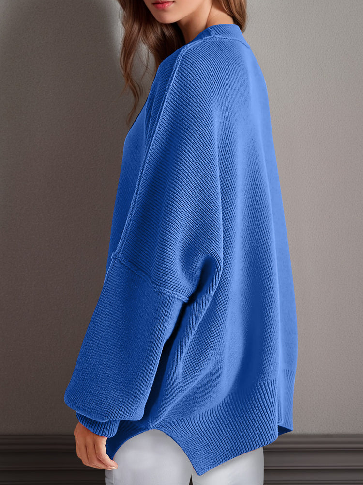 Double Take Side Slit Round Neck Long Sleeve Sweater - MyEmpired