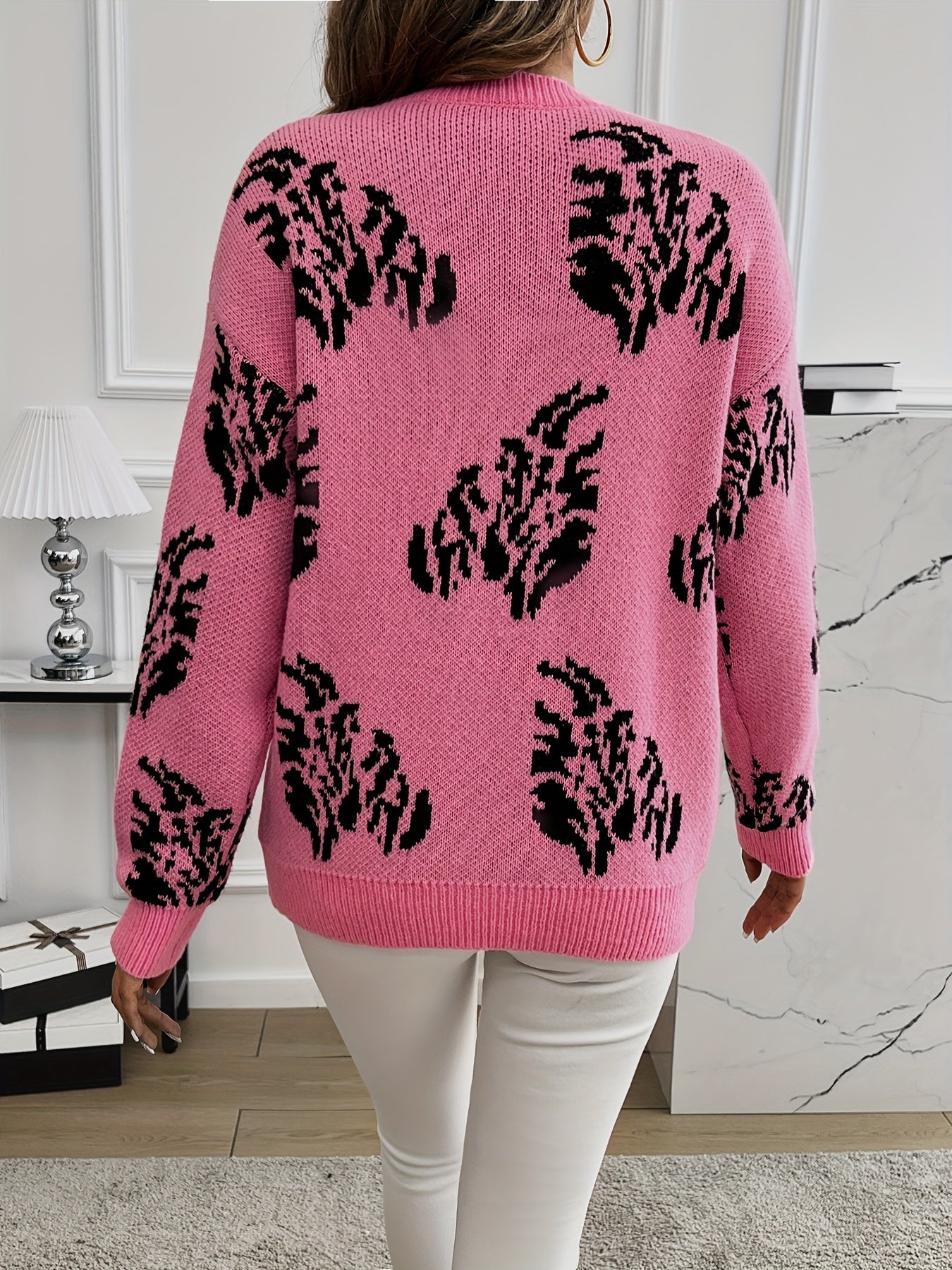 Abstract Pattern Crew Neck Sweater, Casual Long Sleeve Drop Shoulder Sweater For Fall & Winter, Women's Clothing