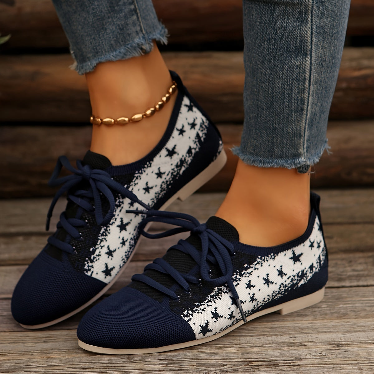 Women'S Casual Sports Flats with Star Pattern, Breathable Fabric Upper, Round Toe Lace-Up Sneakers, All-Season Rubber Sole Shoes from Taizhou