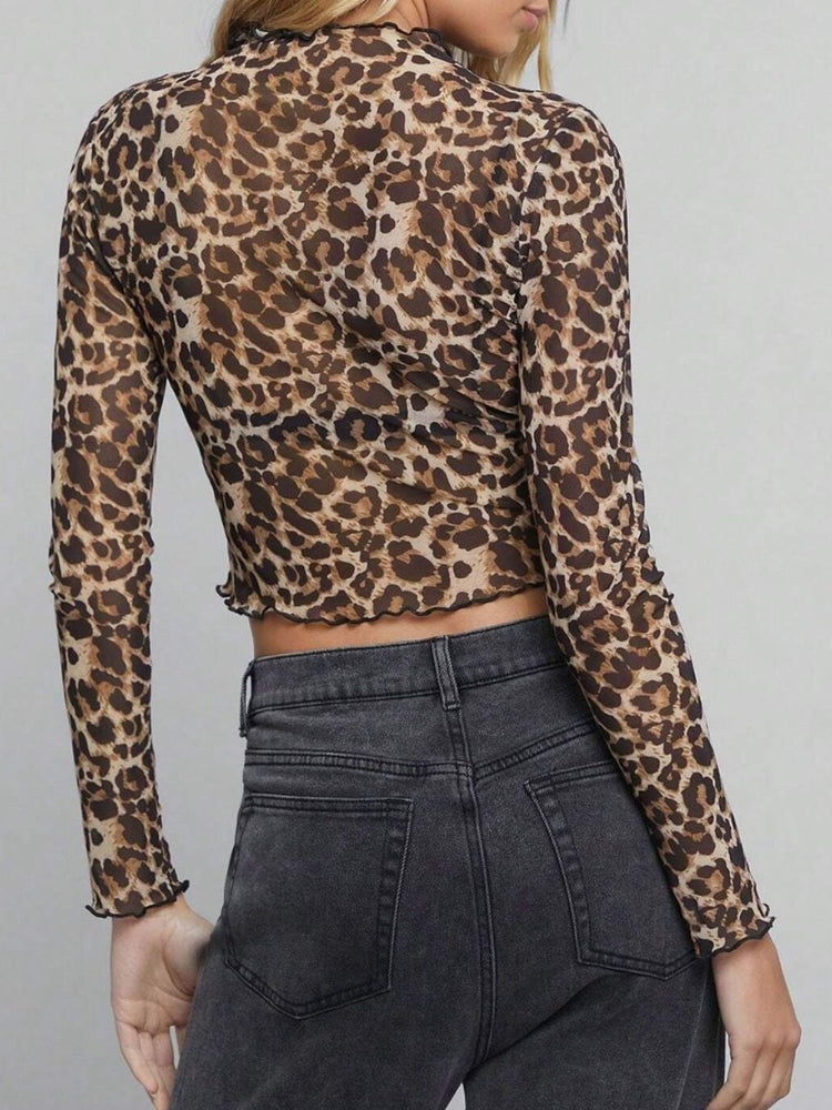 Leopard Mock Neck Long Sleeve Sheer Top - MyEmpired