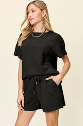 Double Take Full Size Texture Short Sleeve T-Shirt and Drawstring Shorts Set - MyEmpired