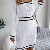 Elegant Striped Knit Bodycon Dress with Button Detail - Square Neck, Long Sleeve, Perfect for Fall & Winter - Women&
