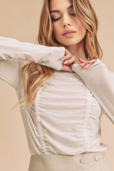 Aemi + Co Ruched Front Round Neck Long Sleeve T-Shirt - MyEmpired