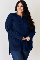 Basic Bae Full Size Ribbed Half Button Long Sleeve High-Low T-Shirt - MyEmpired