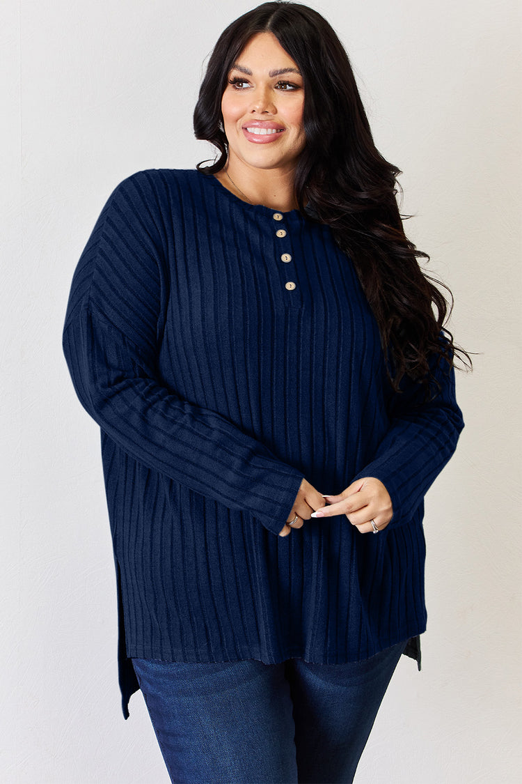 Basic Bae Full Size Ribbed Half Button Long Sleeve High-Low T-Shirt - MyEmpired