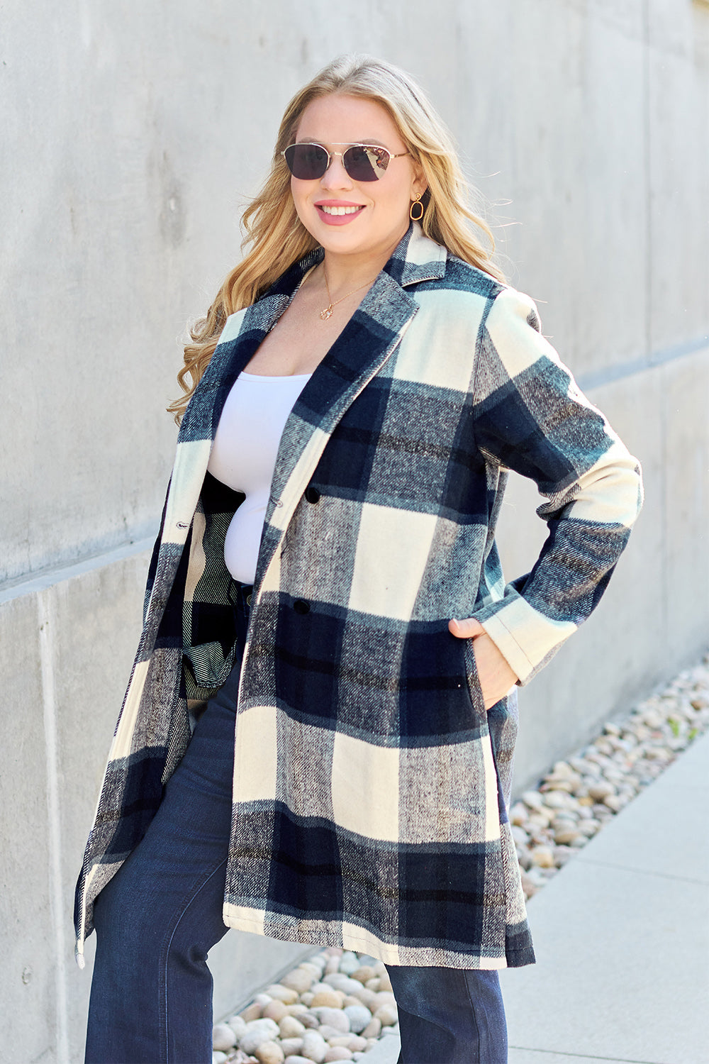 Double Take Full Size Plaid Button Up Lapel Collar Coat - MyEmpired