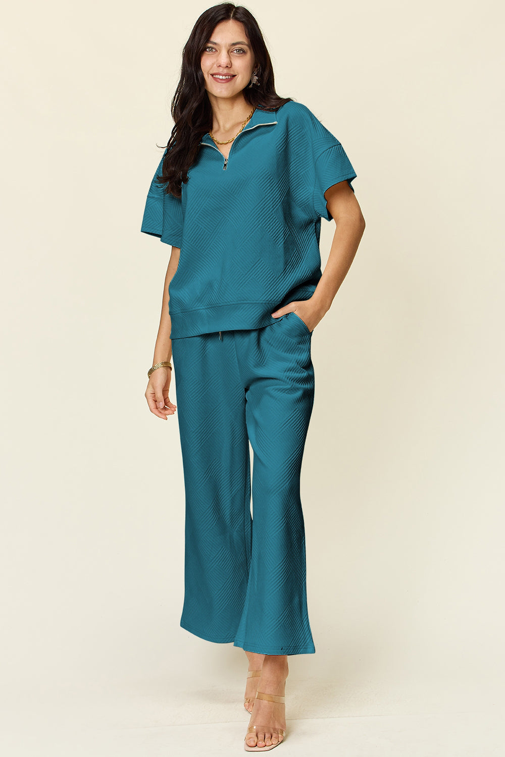 Double Take Full Size Texture Half Zip Short Sleeve Top and Pants Set - MyEmpired