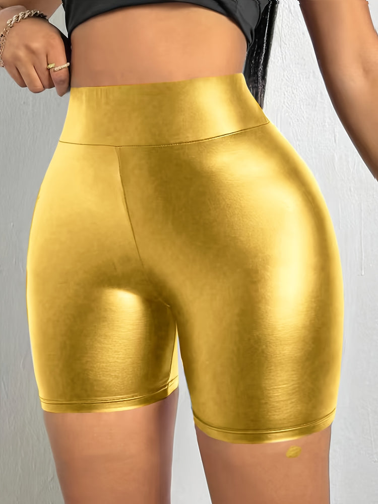 Faux Leather Solid Color Skinny Shorts, Elegant High Waist Shorts For Spring & Summer, Women&