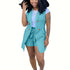 Elegant Striped Print Two Pieces, Double-Breasted Lapel Collar Sleeve Vest & Paper Bag Waist Belted Shorts Outfits, Women&