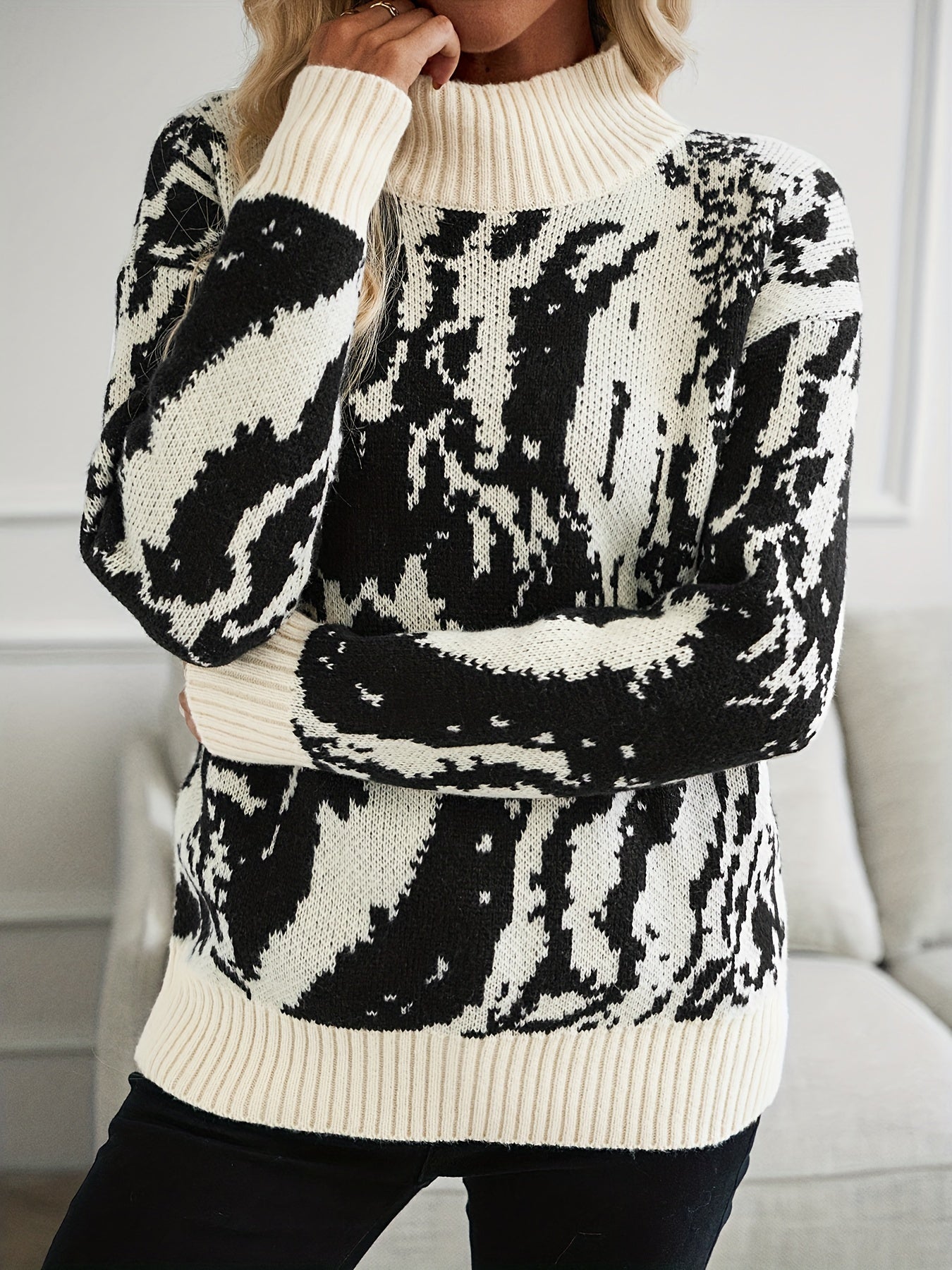 Zebra Striped Mock Neck Sweater, Elegant Long Sleeve Sweater For Fall & Winter, Women's Clothing