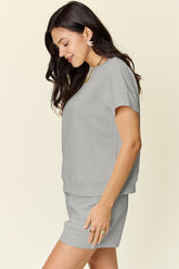 Double Take Full Size Texture Short Sleeve T-Shirt and Drawstring Shorts Set - MyEmpired