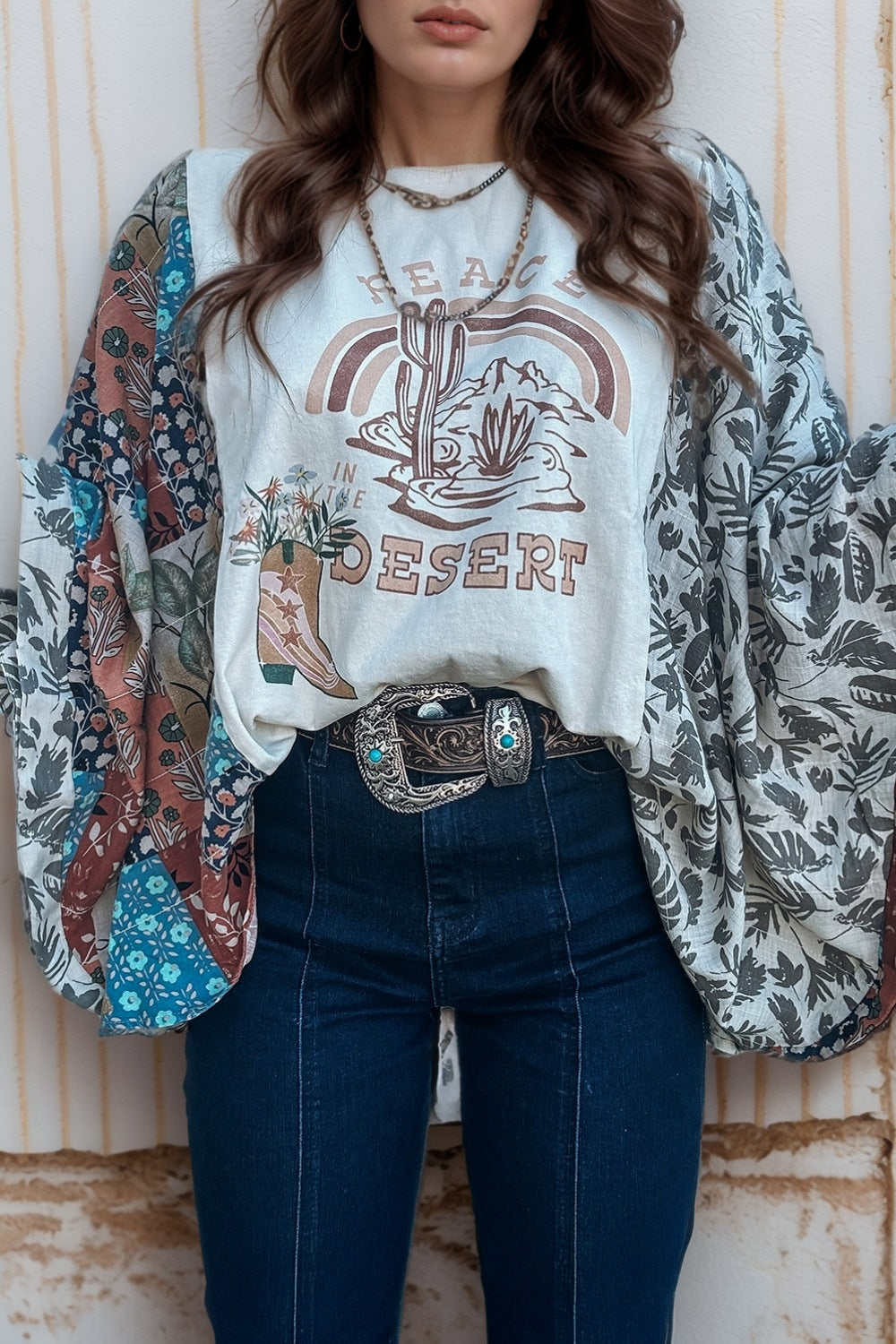 Peace Desert Graphic Asymmetric Printed Patchwork Sleeve Top - MyEmpired